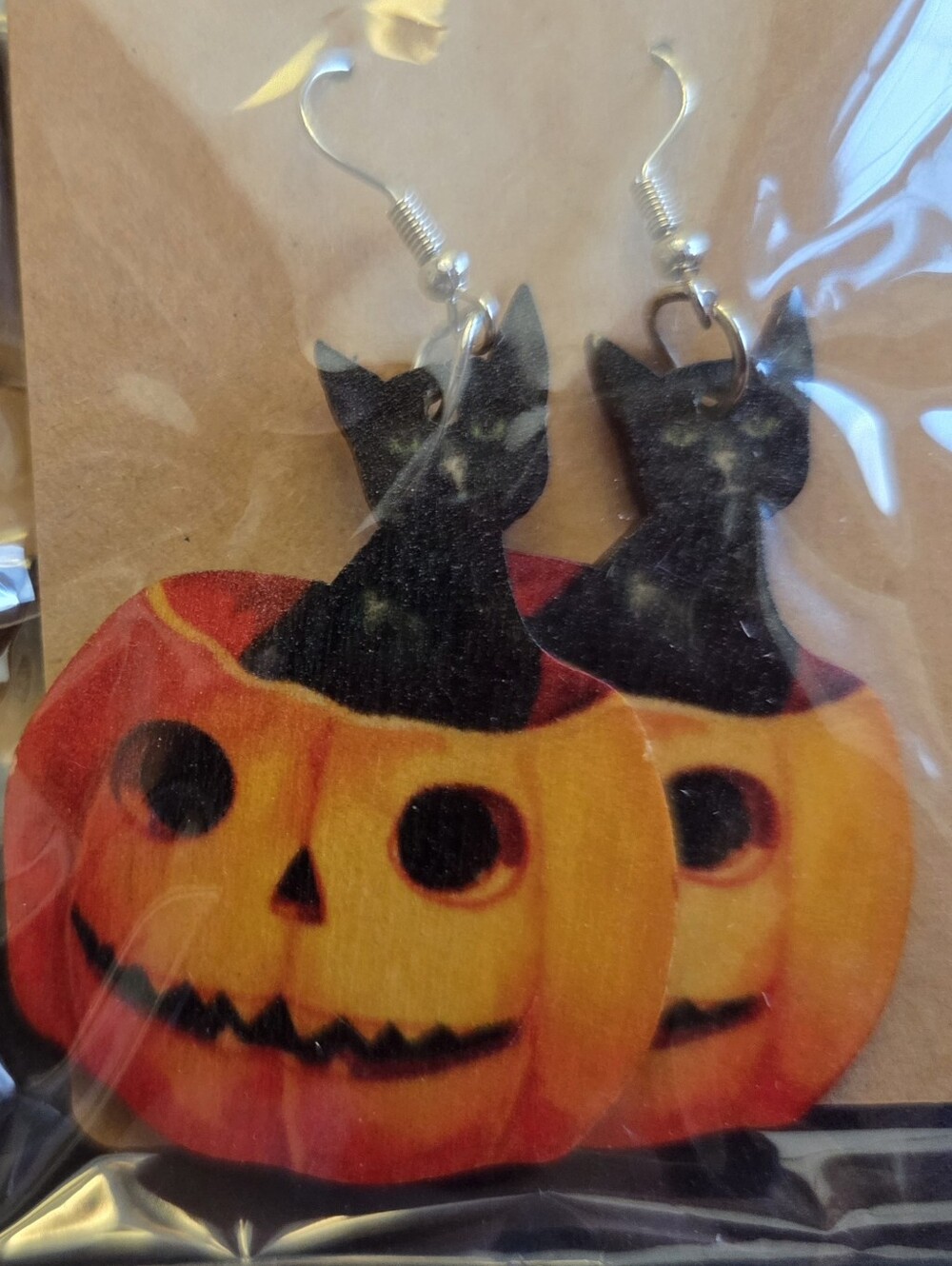 Halloween Black Cat in Orange Pumpkin Earrings
